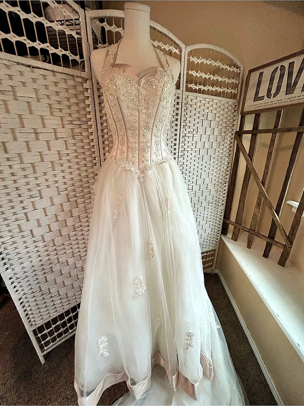 Vintage DAVID’s BRIDAL Michaelangelo  Beaded Corset Halter Wedding Dress Train 4